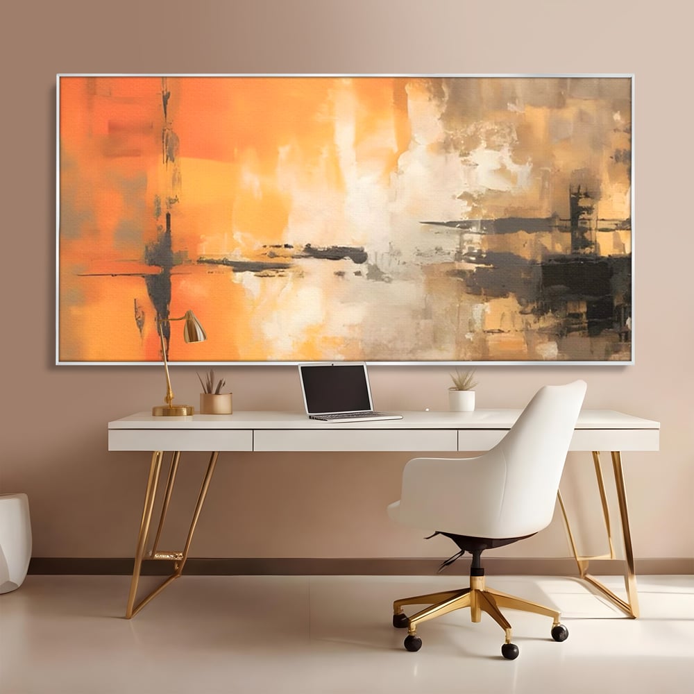 Tablou canvas cu pictura abstracta cu forme portocalii si negre, in rama de aluminiu argintiu, pe perete intr-un birou